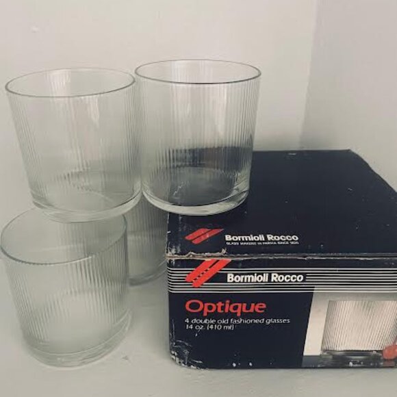 A Classic Vintage Bormioli Set Of 4 Optique Old Fashion 14oz Drinking Glasses Ma - Picture 9 of 12